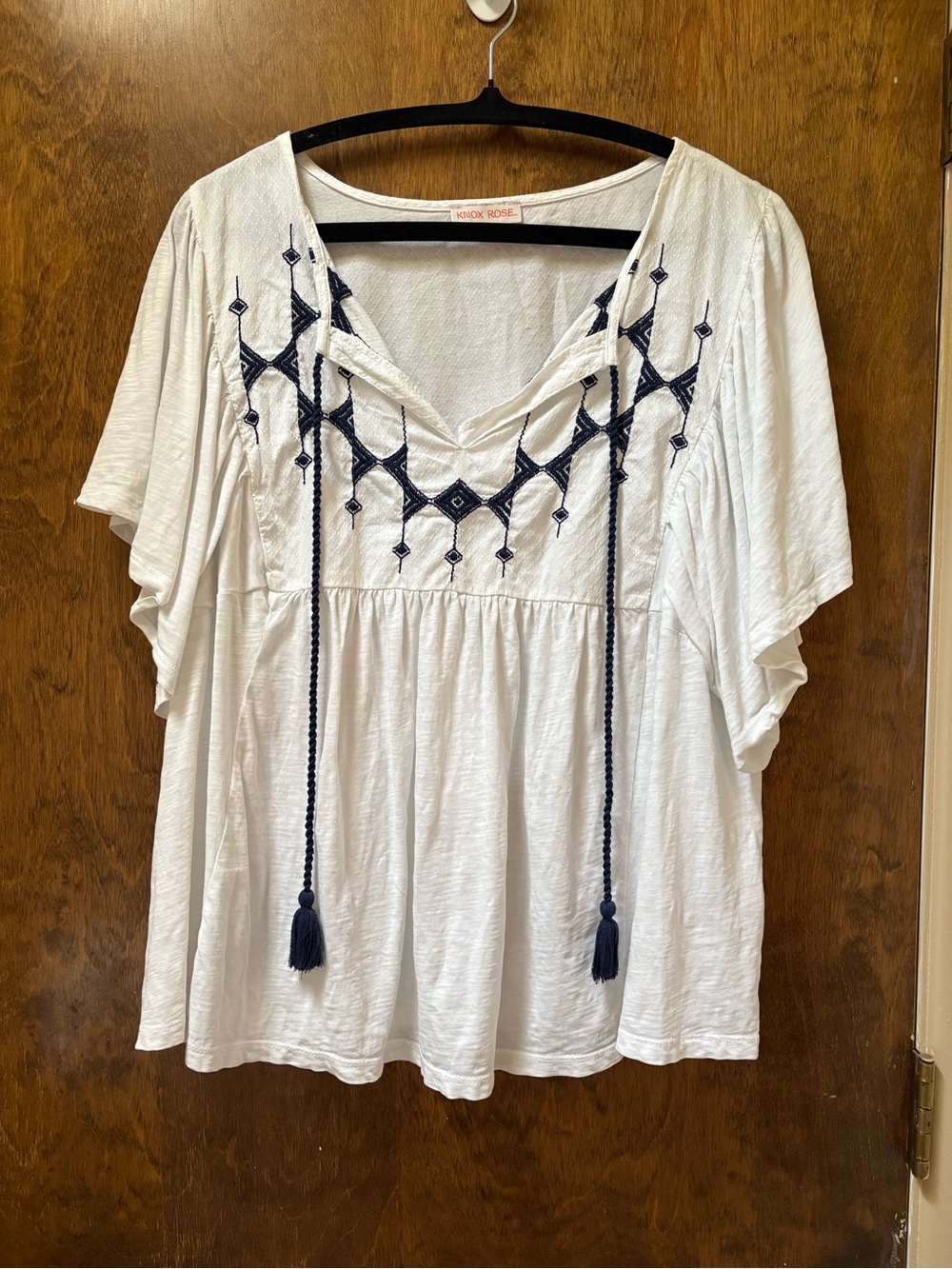 Knox Rose White Peasant Top with Navy Embroidery and Tassels